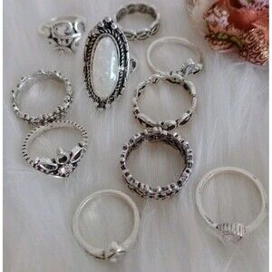 Women's Lot of 10 Silvertone Rings Jewelry Boho Stainless Steel NIP